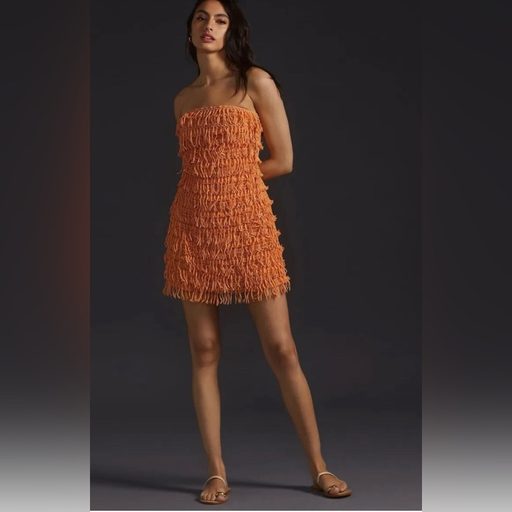 Anthropologie Let Me Be Fringed Orange Tube Mini Dress